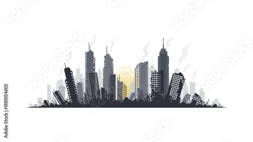 Damaged cityscape with smoldering skyscrapers at sunset