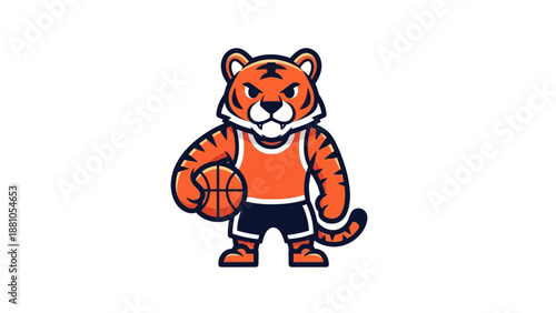 Cartoon tiger basketball player holding ball mascot illustration on white