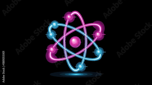 Abstract Atom Structure 3D Icon, Glowing Neon Sci-Fi Colors