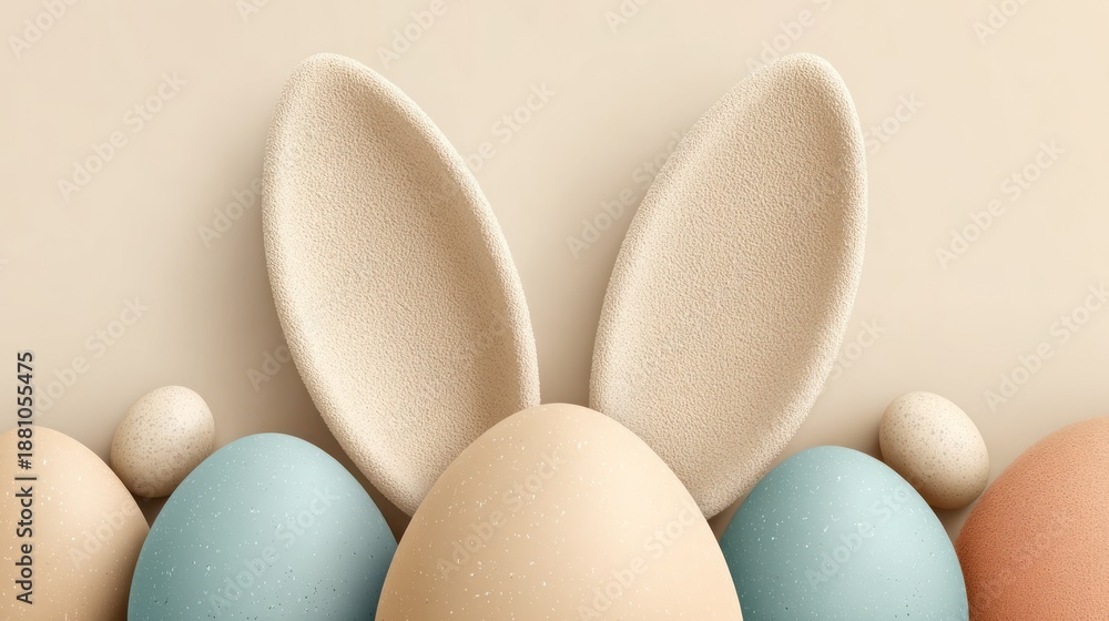 Obraz premium Minimal Easter Greeting Card Illustration With Pastel Easter Bunny Ears And Painted Eggs For Spring Celebration