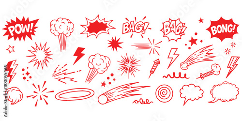 Hand drawn comic book elements collection with sound effects and action doodles