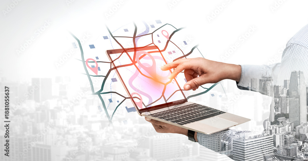 Obraz premium Concept of location tracking and GPS navigation. Map with pins marking a destination and points of interest for travel, delivery routes, or finding a specific address. Fermion
