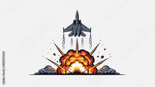 Military jet launching explosive attack with fiery blast