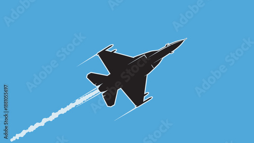 Fighter jet flying fast in clear blue sky with contrail