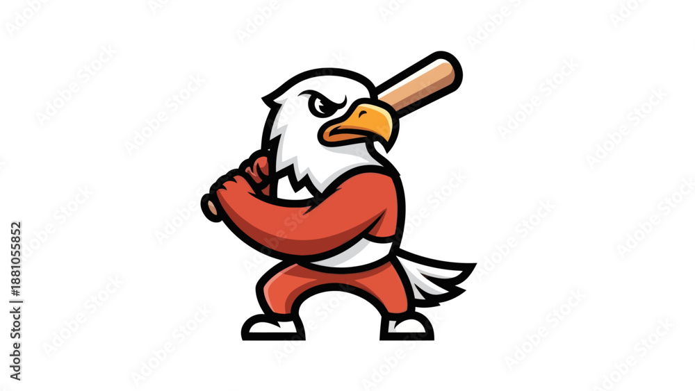 Naklejka premium Eagle mascot ready to bat baseball with wooden bat isolated