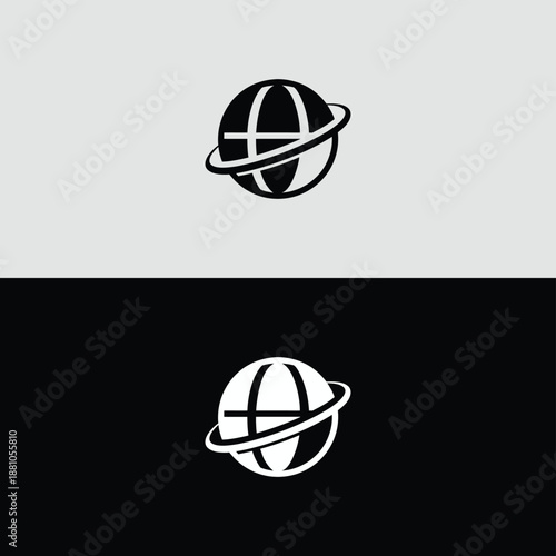 A minimalist black and white iconic representation of a stylized globe with an orbital ring, suitable for technology or global communication themes.