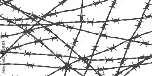 A tangled cluster of barbed wire against a white background creating a barrier pattern