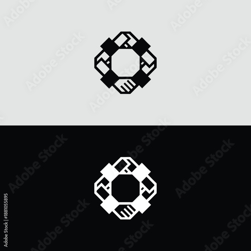 A bold monochromatic circular logo composed of multiple interlocking handshakes, representing strong partnerships, trust, and global collaboration.