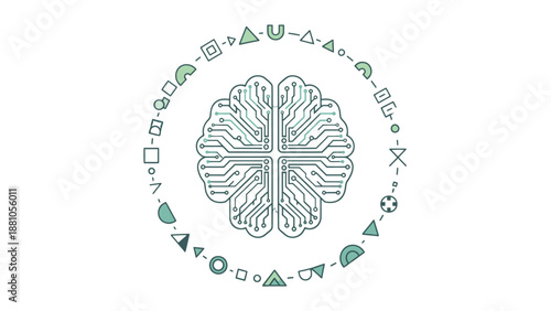 Brain surrounded by various mathematical symbols and shapes.