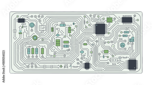 Detailed illustration of a complex electronic circuit board with various components.