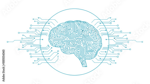 Digital illustration of a human brain with circuit board patterns and lines.