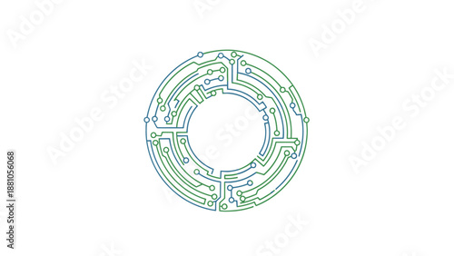 Circular maze with abstract green and blue pathways on white background.
