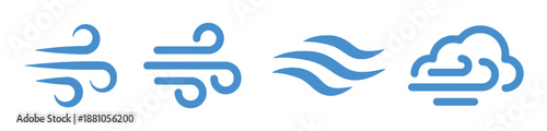 Blue wind icons set showing various breeze patterns and cloud weather symbols for apps