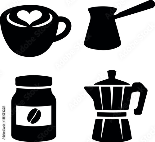 Collection of minimalist black coffee icons featuring latte art, Turkish cezve, moka pot, and bean jar