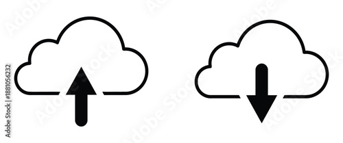 Cloud computing icons with upload and download arrows for data storage technology