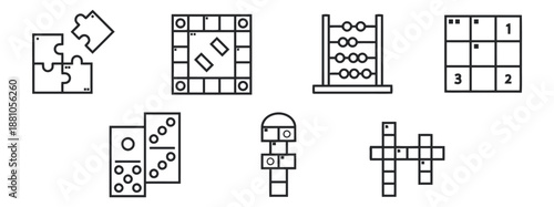 Collection of line art icons of puzzle and board games