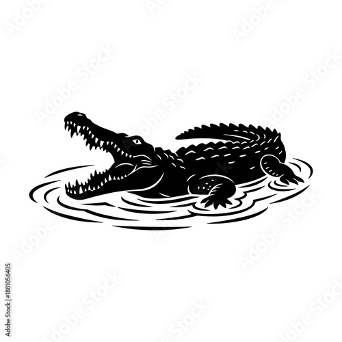 Vector illustration of an alligator with its mouth open, in profile view, in black and white silhouette, with wavy water