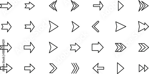 Collection of diverse black and white line art arrow icons symbolizing direction and navigation functions