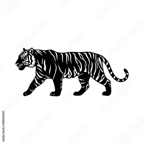 A powerful black and white illustration of a majestic tiger walking in profile, showcasing its iconic stripes and fierce demeanor, representing strength and wild nature