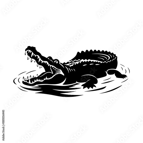 Open-mouthed black silhouette of a crocodile emerging from water with jaws wide open, symbolizing power and nature