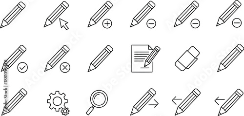 Collection of thin line icons representing various pencil editing functions for interface design elements