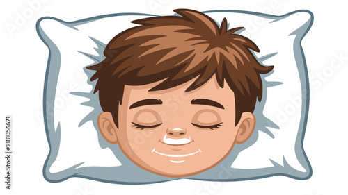 A cartoon boy sleeping peacefully on a white pillow with a smile