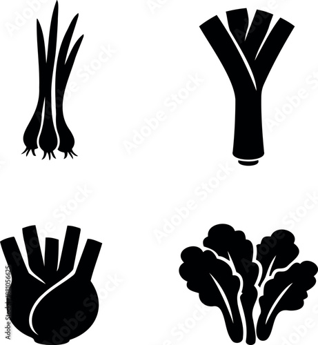 Minimalist set of four black silhouette icons featuring vegetables like scallions, leeks, fennel, and kale.