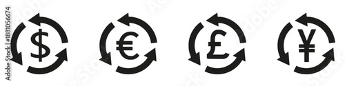 Currency exchange icons set dollar euro pound and yen