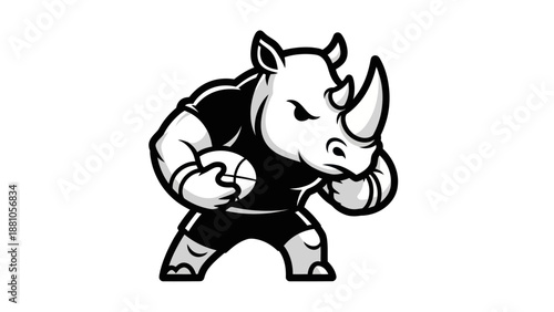 Rugby rhino mascot in action with a ball isolated on a white background