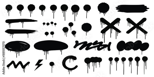 A large collection of black graffiti-style spray paint drips and urban grunge elements
