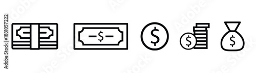 Set of black money and currency icons including cash coins and money bag