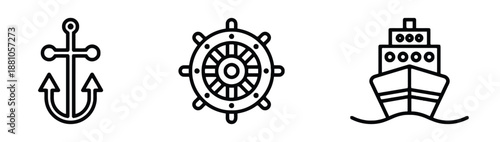 Set of nautical elements including anchor ship wheel and front view of boat