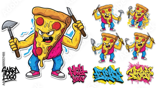 Cartoon pizza slice character holding tools against white background