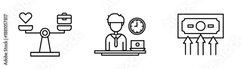 Work life balance concept with scales, man working and money