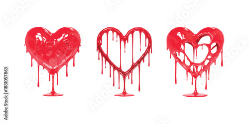 Three red heart sculptures melting and dripping, symbolizing heartbreak and changing emotions