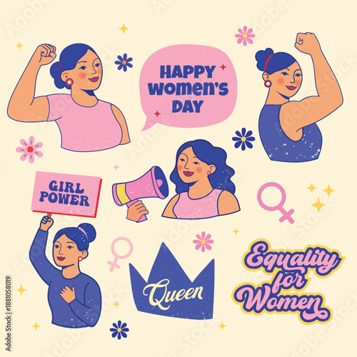 Diverse Women Empowerment Illustration Set with Feminist Symbols and Slogans