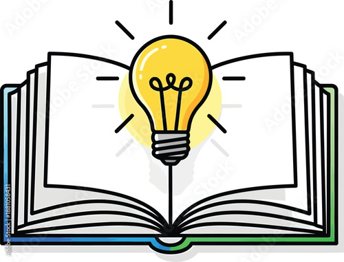 An illustration of a lightbulb emerging from an open book symbolizing knowledge and ideas