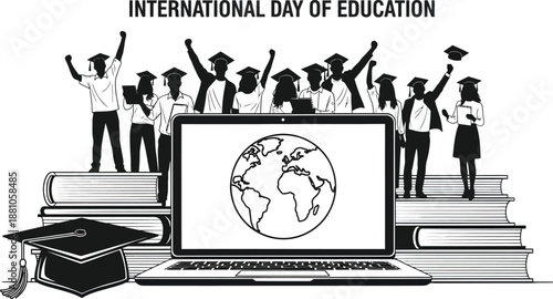 International day of education illustration with globe on laptop and students celebrating