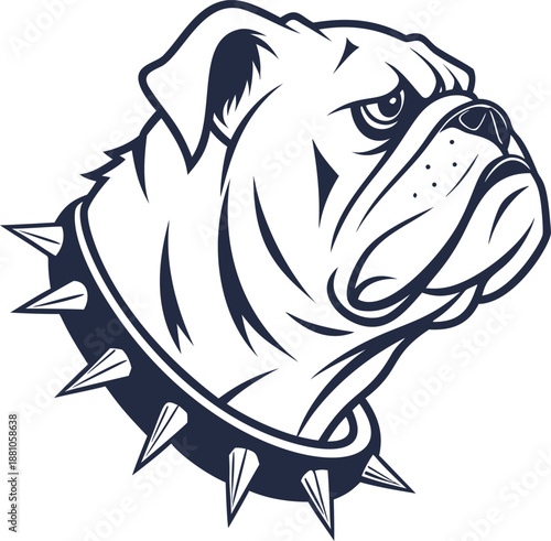 Bulldog head mascot, vector illustration of a fierce dog wearing a spiked collar. Monochrome emblem for a sports team or e-sport logo, representing bravery and strength.