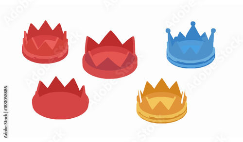 Isometric 3D crown set for game rewards in red blue and gold colors