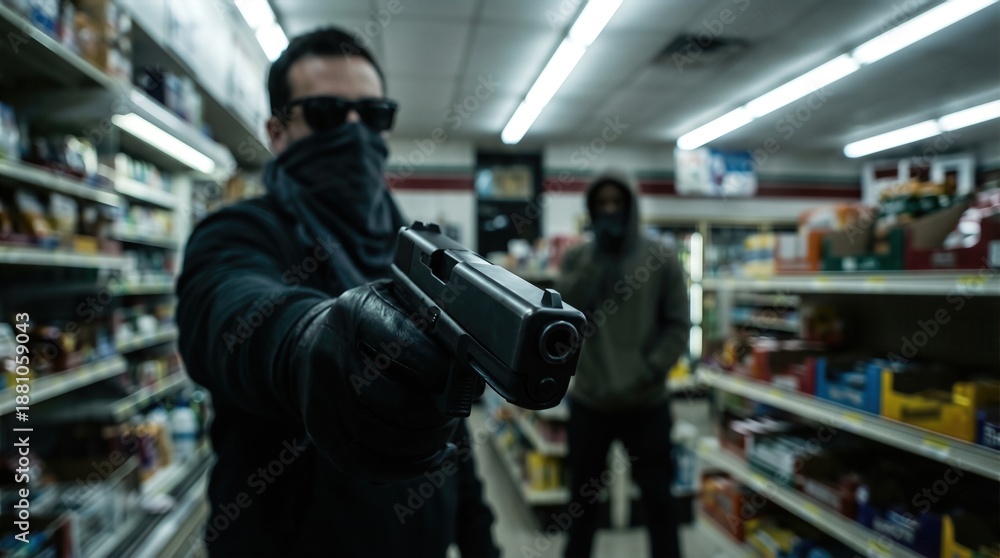 Fototapeta premium Armed individual in dark clothing, wearing sunglasses and a mask, points a handgun inside a convenience store, creating a tense atmosphere of crime and danger