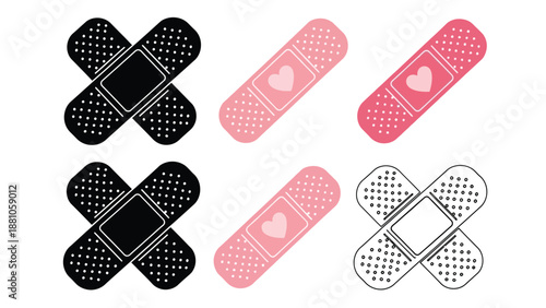 six band aids in different colors and designs on a white background