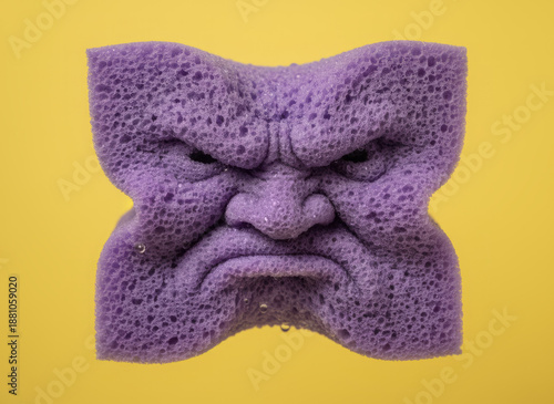 Conceptual 3d rendering of an angry face sculpted from a purple sponge on a yellow background
