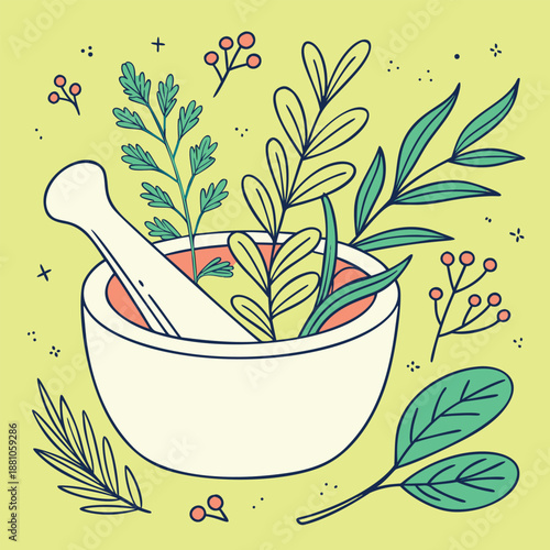 Herbal mortar sketch, hand-drawn bowl with fresh leaves, fits nature art. Bright design features pestle and berries, great for wellness or garden graphics. Leafy style adds a green vibe.