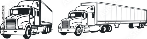 Semi trailer truck outline set, two detailed line art drawings of a commercial cargo vehicle. Black and white sketch showing heavy haulage, global shipping, and transport logistics.