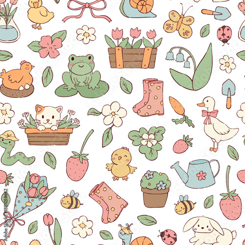 Spring kawaii doodles seamless pattern for nursery prints, wallpaper, scrapbooking, stationery, wrapping paper, textile, digital paper, packaging, etc. EPS 10