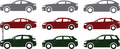 A collection of six vehicle silhouettes showcasing different body styles in red green and gray on transparent background high-quality professional detailed modern elegant stylish clean
