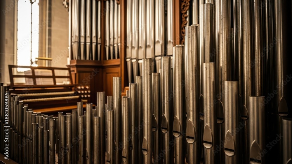 Obraz premium A large pipe organ in a church with rows of pews and a stained glass window