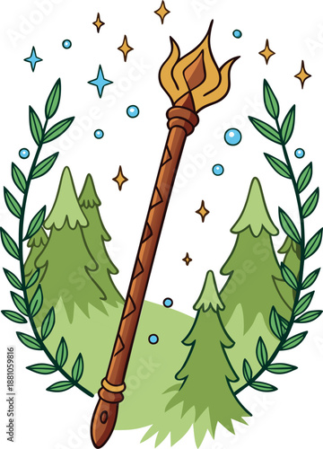 Wizard staff forest cartoon, magical wooden staff with flame in nature background. Fantasy sorcerer or shaman staff with trees and leaves wreath.