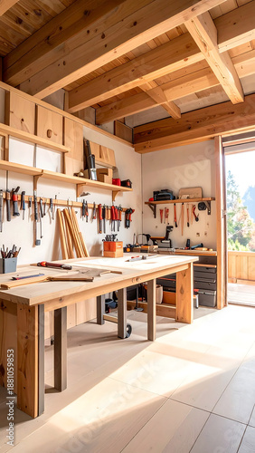 Woodshop workshop with tools hanging on wall and workbench under wood ceiling, and bright light entering